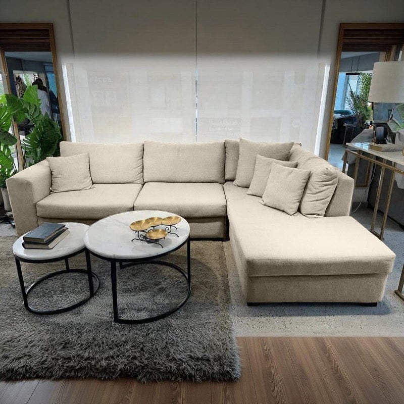Malazhouse Red Beech Wood and Linen L-Shape Sofa - Beige - Image 1